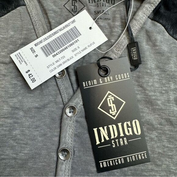 Indigo Star Men's Raglan Sleeve Burnout V Neck Henley Grey Gray Black S SM Small - Picture 6 of 11